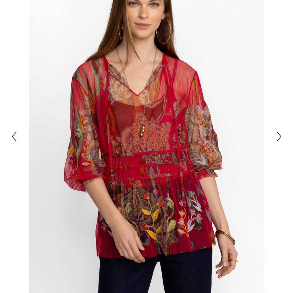 Johnny Was Vibrant Red Floral Blouse